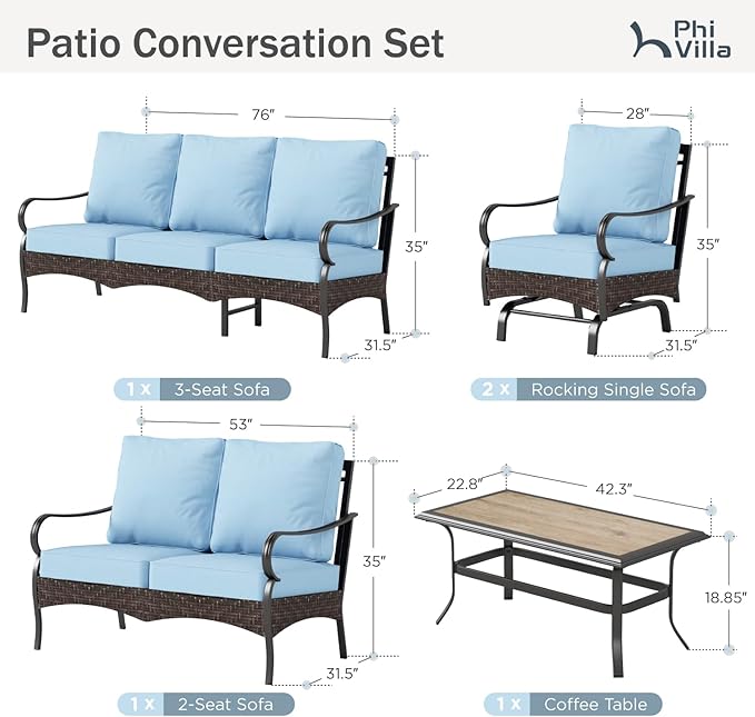 PHI VILLA Outdoor Modern Patio Furniture Set, Upgraded Wicker & Metal Patio Conversation Set with Waterproof Thick Cushions for Porch, Poolside, Yard (5 Pieces,Blue)