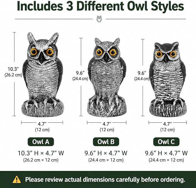 3-Pack Owl Decoys for Bird Deterrent - Weatherproof Bird Repellent Devices for Outdoor Use - Plastic Owls to Scare Birds Away and Control Garden Pests