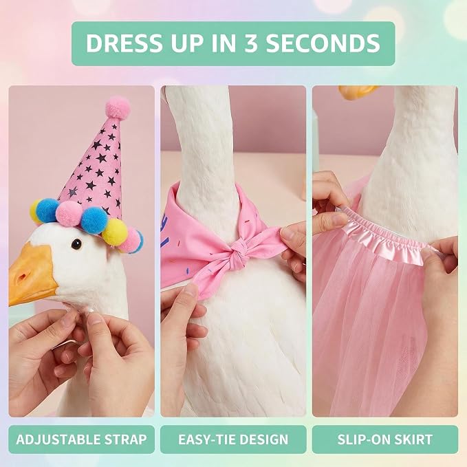 Birthday Porch Goose Outfits - 3Pcs Goose Outfits with Hat, Happy Birthday Bandana and Pink Tutu Skirt for 23 Inch Goose, Birth Party Goose Outfits Porch Goose Decor for Outdoor Garden Yard Patio