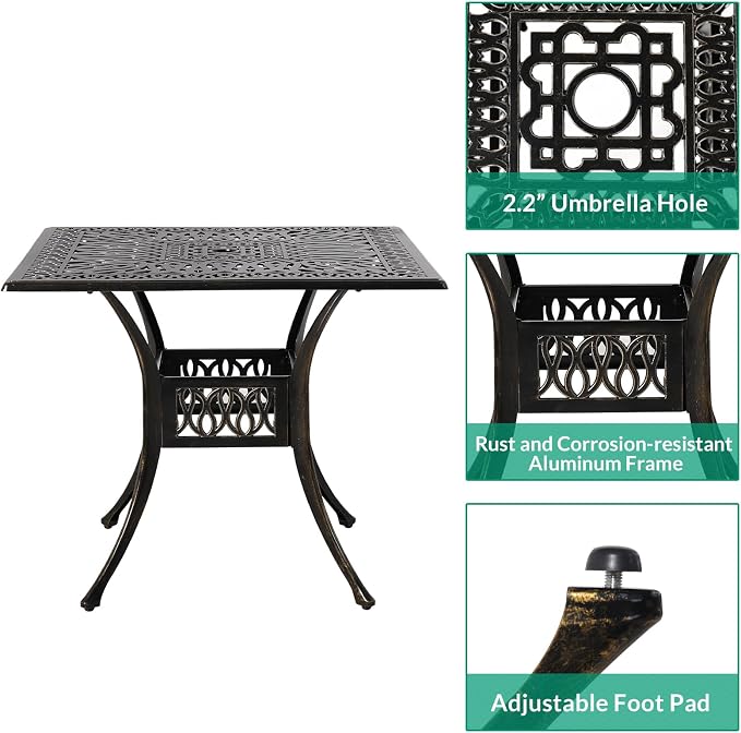 VIVIJASON 5-Piece Outdoor Patio Dining Set, All-Weather Cast Aluminum Conversation Set, Patio Furniture Set for Backyard, Include 4 Cushioned Chairs, a 35.4" Square Table w/Umbrella Hole, Red Cushion