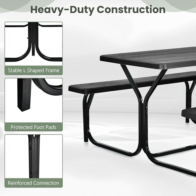 Picnic Table, Camping Portable Picnic Table Bench Set for 4 Persons, Heavy-Duty Steel Frame & Resin Tabletop, All Weather Outdoor Picnic Tables for Patio Travel BBQ Party Garden (Black)