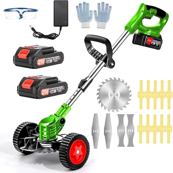 Electric Weed Wacker Cordless Weed Trimmer 21V Stringless Weed Wacker Lightweight 3-in-1 Grass Trimmer/Brush Cutter/Edger with 2pcs Batteries&Wheel, 4Types Blades, for Lawn, Garden & Yard
