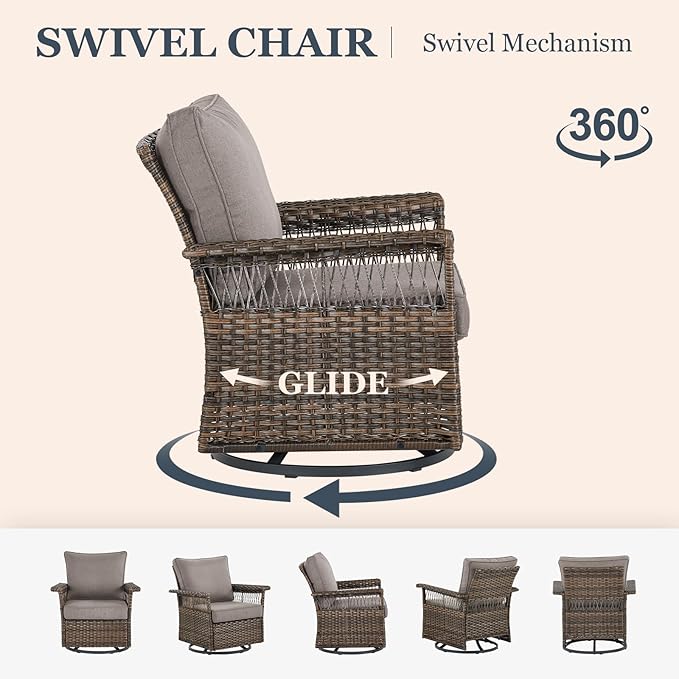 Patio Furniture Set 2 Wicker Swivel Glider Chairs with 2 PE Rattan Ottomans Brown Wicker Grey Cushions Patio Conversation Set 4pcs for Garden Balcony Sunroom Backyard