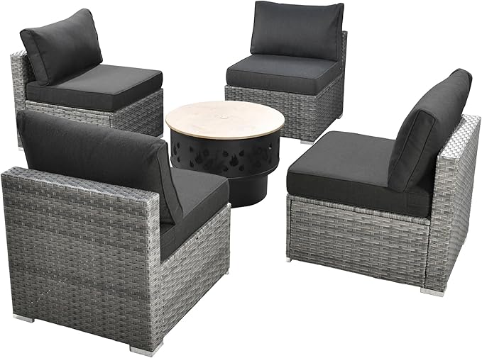 HOOOWOOO 6-Piece Outdoor Wicker Patio Furniture Set, All-Weather Rattan Sectional Sofa Chairs with Fire Pit and Side Table, Modern Garden Conversation Set for Patio, Porch, and Backyard (Black)