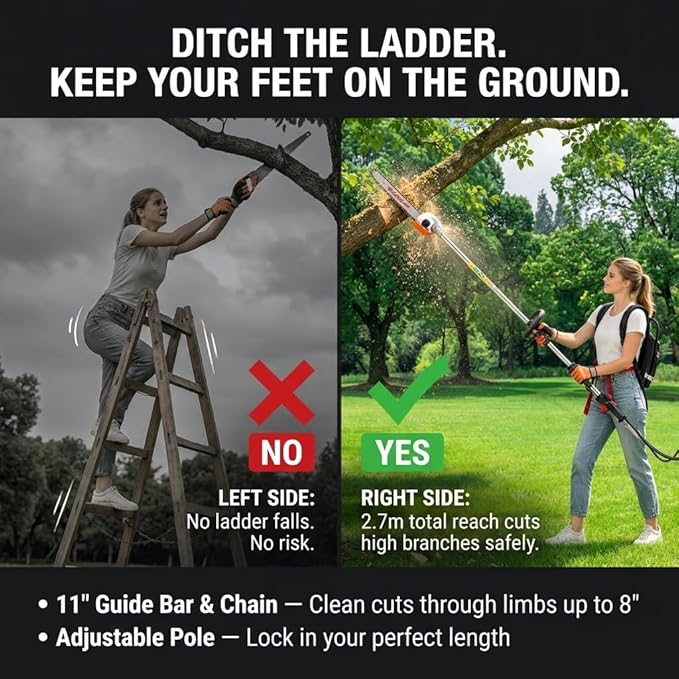 52cc 4-in-1 Gas Powered Backpack Multi Tool, String Trimmer, Brush Cutter, Hedge Trimmer & Pole Saw, 2-Stroke 8500 RPM Gas Weed Wacker for Lawn, Yard, Garden Pruning & Landscaping
