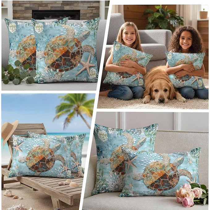 Ocean Turtle Outdoor Waterproof Throw Pillow Covers Set of 2, 26"x26", Retro Blue Nautical Starfish Sealife Decorative Pillow Covers Outside Cushion Case for Patio Porch Garden