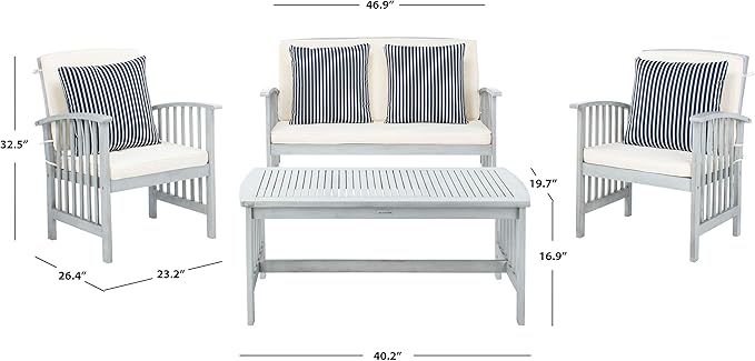 SAFAVIEH Outdoor Collection Rocklin Grey / Beige Cushions/ Stripe Pillows 4-Piece Conversation Patio Set