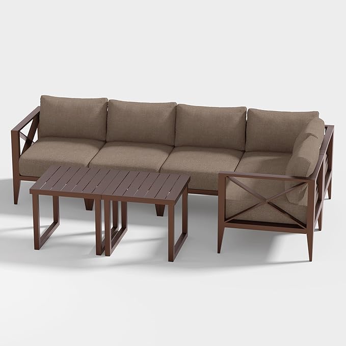 MBY Outdoor Aluminum Patio Furniture Set, 5-Seats Patio Conversation Sofa Set with 1 Corner Sofa and 2 Coffee Tables, All Weather for Pool, Balcony, Garden-Brown