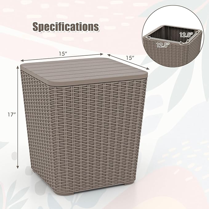 LDAILY 11.5 Gallon Outdoor Storage Box, Deck Box with Table Top & Stool, Resin Wicker Patio Side Table with Storage, Removable Lid, 330Lbs Capacity for Poolside, Balcony (Brown)