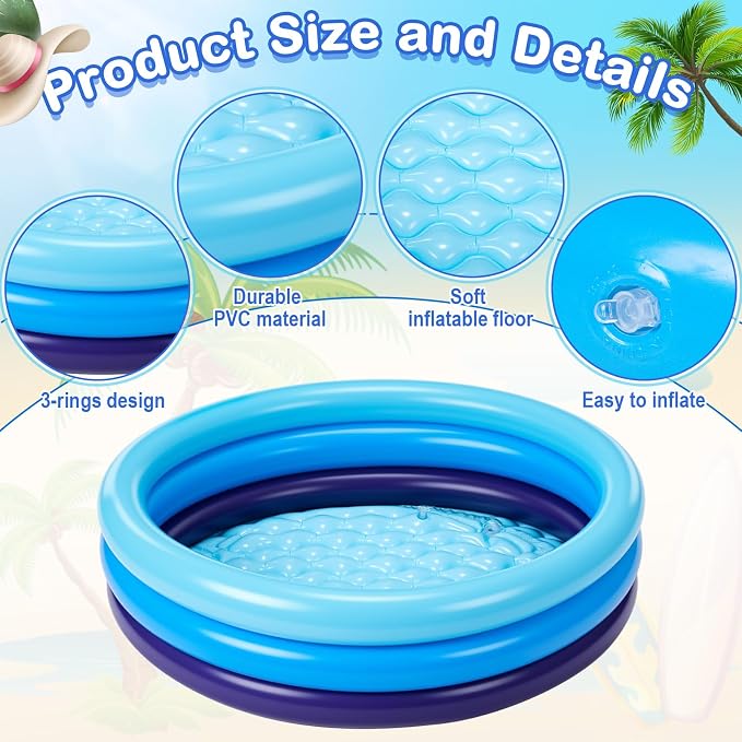 VioraWhite 6 Pack Inflatable Kiddie Pool for Toddlers 34"x10" Blue Blow up Kids Swimming Pool Small 3 Rings Round Baby Pools for Indoor Outdoor Water Game Play Center