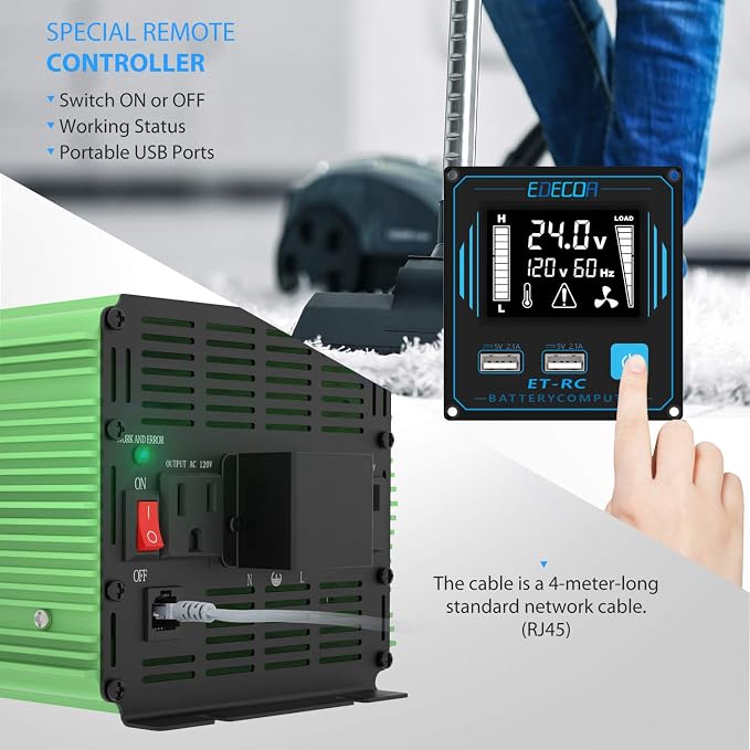 EDECOA 24V 3000 Watts Power Inverter DC 24V to 120V 110V AC with LCD and Dual USB Remote Controller ET-RC Remote Controller