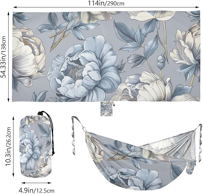 Vintage Blue and White Roses 330lb Capacity Outdoor Hammock with Portabl Carry Bag Portable Hammock for Patio Backyard Lounge Base hamaca con soporte para adultos