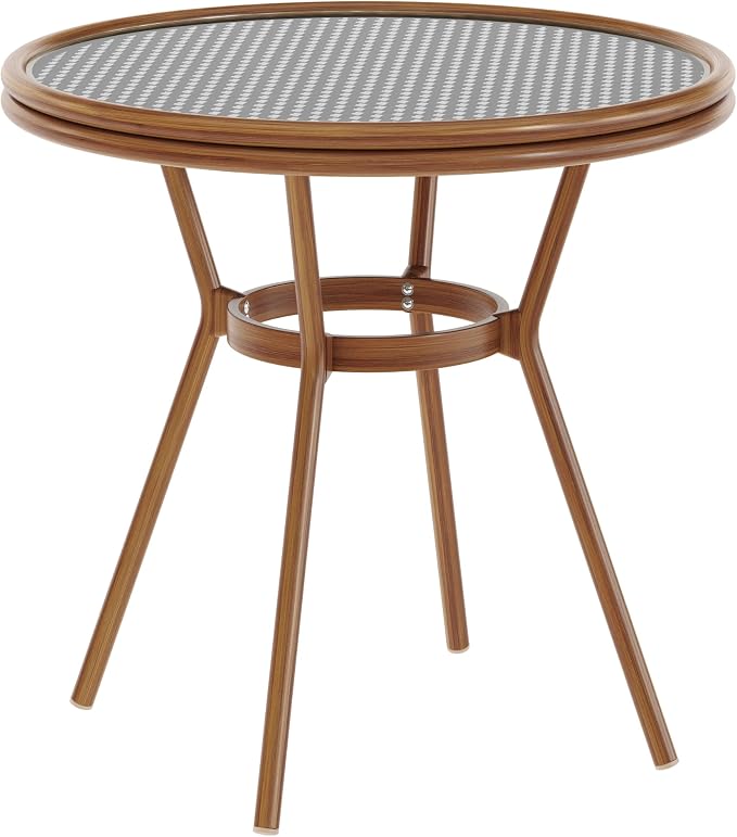 BizChair Indoor/Outdoor Commercial Bistro 31.5" Table, Black and White PE Rattan, Glass Top, Bamboo Print Aluminum Frame in Natural