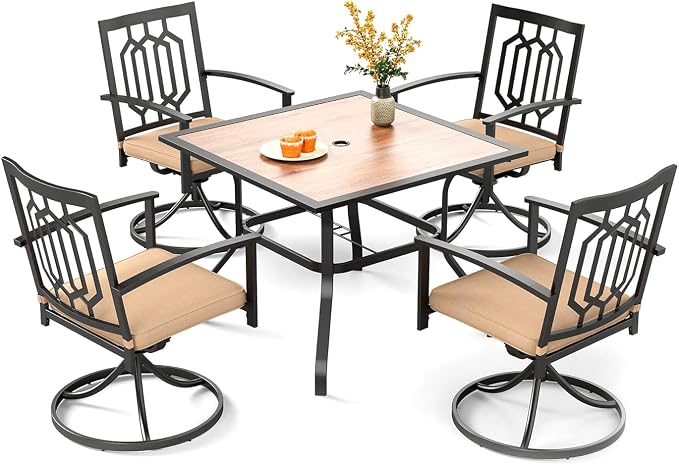 PHI VILLA Patio Dining Set, Swivel Chairs, Square Steel Table | Metal chairs, Hexagon Back Swivel Chair, 1.57" umbrella hole, 360° swivel, cushioned, E-coated