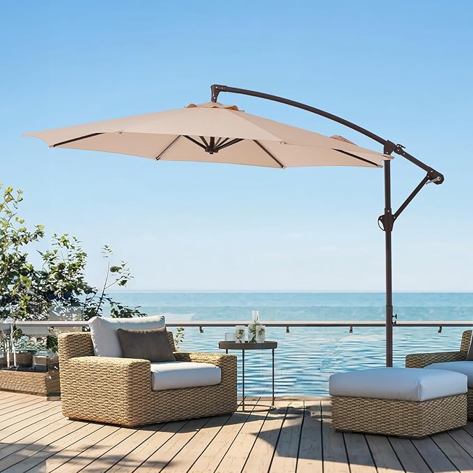 10FT Patio Umbrella, Outdoor Offset Cantilever Umbrella with Sturdy 8 Ribs and Reinforced Base, Easy Tilt Adjustment for Backyard Pool Garden,Beige