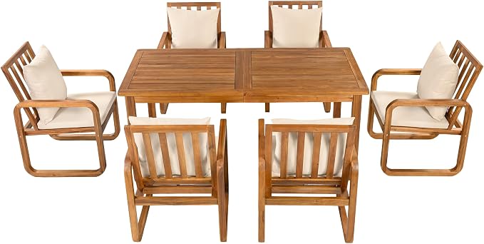 VilroCaz 7 Pieces Outdoor Patio Dining Set, 67'' Rectangle Acacia Wood Table and 6 Armchair, All-Weather Dining Set with Removable Cushions for Garden Backyard Lawn (Brown-2.13)