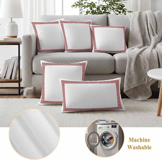 Outdoor Pillow Covers Set of 2, Greece Abstract Inspired Key Pattern Decorative Throw Pillow Covers 16X16IN, Red Twist Lines on White Throw Pillows Protector Cushion Case for Patio,Couch,Sofa,Garden