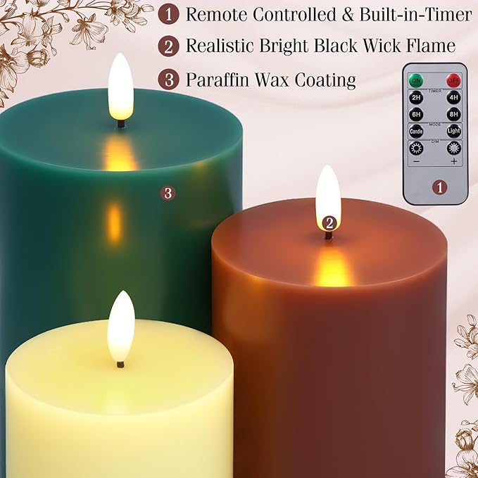 6 Pcs Flameless Candles Battery Operated LED Flickering Flameless Pillar Candles with Remote Real Wax Khaki Brown Green Table Decorations for Spring Wedding Home Decor