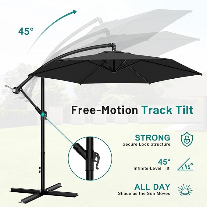 AreShark 10FT Patio Outdoor Umbrella, Offset Patio Umbrella Cantilever Umbrella, 6 Sturdy Ribs, Easy Adjustment for Garden Market Pool with Cross Base (Black)