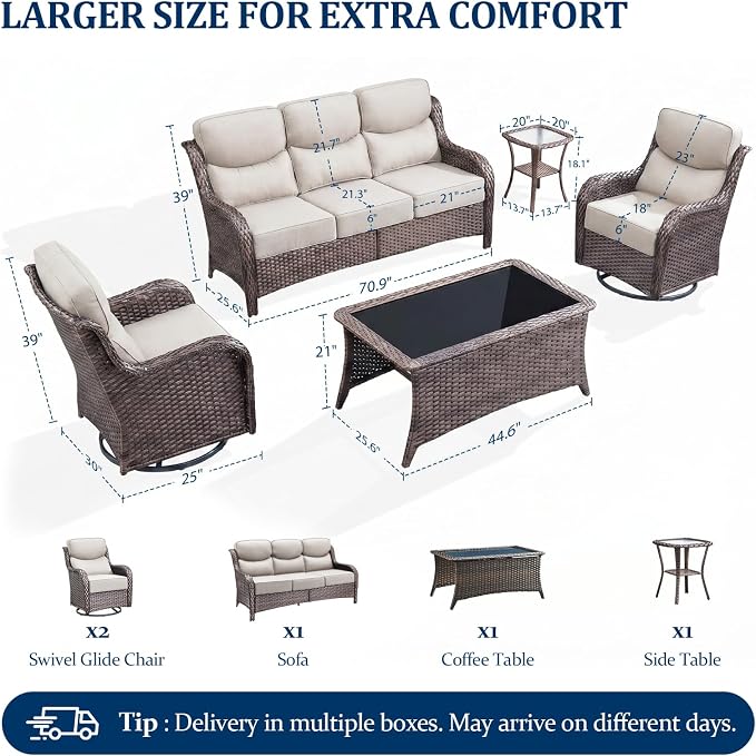 Luxury Swivel Rocker Chairs Sofa Set with 6" Thick Cushion 5 piece Wicker Outdoor Patio Chair with Coffee Table High Back Comfortable Outdoor Patio Furniture Set - Brown | Beige