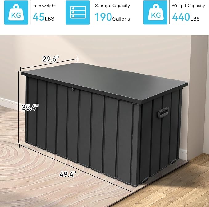 190 Gallon Metal Deck Box, Waterproof Steel Outdoor Box, Large Patio Furniture Storage Cabinet, Lockable Storage Bench for Porch Package Delivery, Pillows, Cushions, Pool, Tools, Backyard, Grey