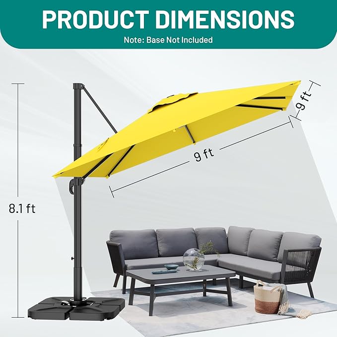 AreShark 9 × 9FT Square Cantilever Patio Umbrella with Base Included, 360° Rotation Offset Outdoor Umbrella, 5 Tilt Settings Heavy Duty Hanging Parasol for Deck Garden Pool, Yellow