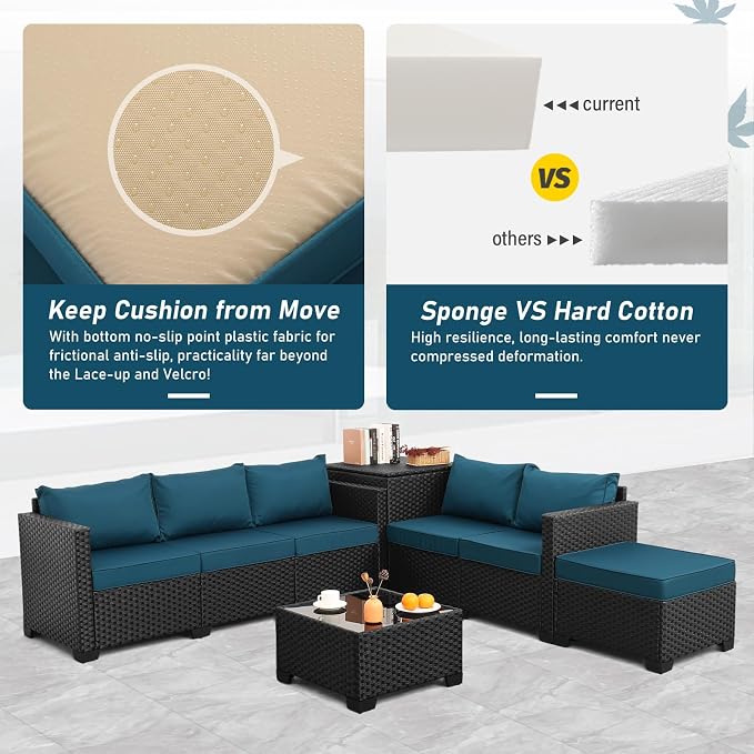 Valita Patio Furniture Set with Storage Box 5 Pieces Black Wicker Outdoor Couch Sectional with Glass Table and Non-Slip Cushions and Furniture Covers, Peacock Blue
