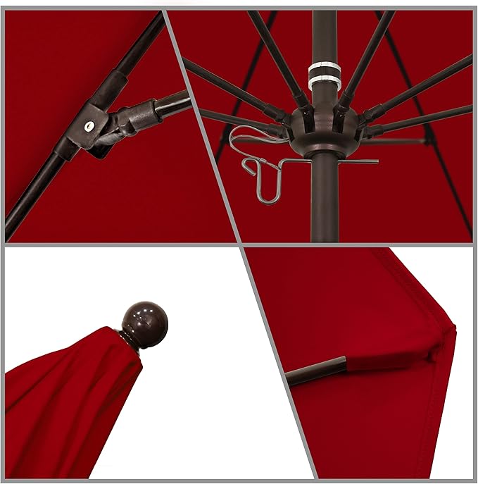 California Umbrella 9' Round Aluminum/Fiberglass Umbrella, Push Open, Bronze Pole, Sunbrella Jockey Red