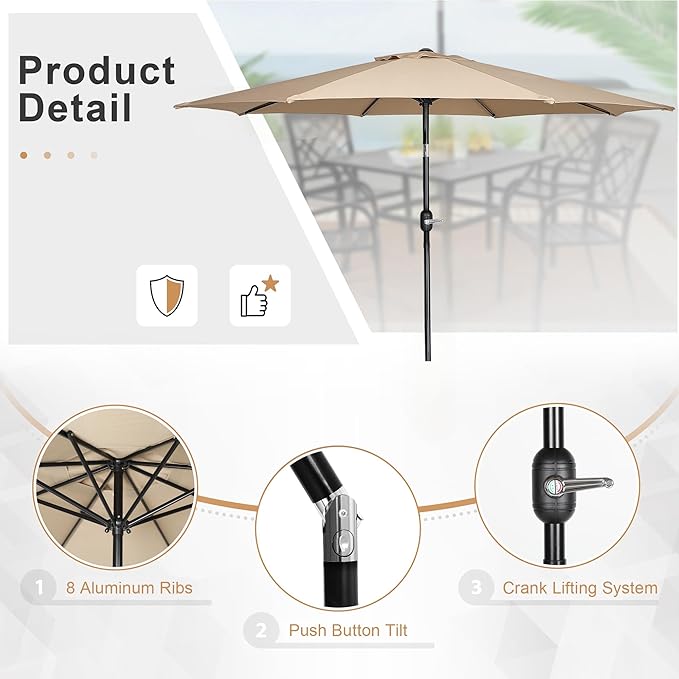 Crownland 5 Piece Patio Dining Set, Textilene Dining Sets, 4 Textilene Metal Chairs and Square Outdoor Dining Table with Khaki 9FT Round Outdoor Umbrella (Brown)