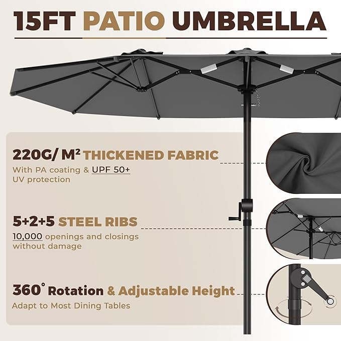GDPFN 15FT Large Patio Umbrella, Outdoor Deck Standing Umbrella with Crank Handle, Double-Side Rectangular Pool Umbrella for Outside, Market, Patio, Dark Gray (Base Not Include)