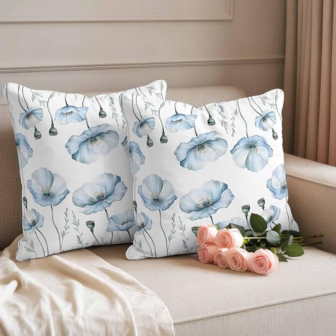 Blue Poppy Floral Waterproof Outdoor Pillow Covers Set of 2 Home Decor, Farmhouse Pastoral Botanical Flowers Pillowcase Patio Pillow Covers for Couch Bench Furniture Garden 16x16in