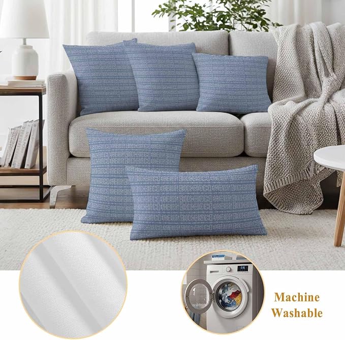 Outdoor Waterproof Throw Pillow Covers Set of 2 Blue Stripes Grain Pillowcases 26x26 Inches Solid Color Decorative Pillows Cushion Case Patio Pillows for Couch Bed Chair Garden