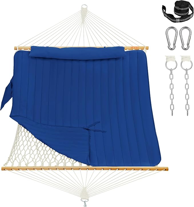 Lazy Daze Hammocks Rope Hammock with Pad, Spreader Bar, Carabiners, Tree Straps, Chains for Outside Patio- Max 450 Lbs, Blue