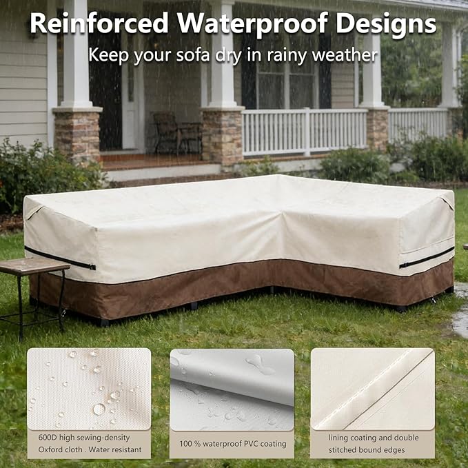 okcool Outdoor Sectional Sofa Cover Waterproof-L-Shaped Patio Furniture Covers for 4-Seater Outdoor Sectional Furniture Couch 85”W (Back Length) x 58”W (Right Side),Beige & Brown