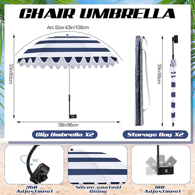 Abbylike 2 Pcs Scalloped Chair Umbrella with Universal Adjustable Clamp 38'' Portable Wheelchair Umbrella UPF 50+ Camping Chair Parasol with Bag for Outdoor Patio Lawn