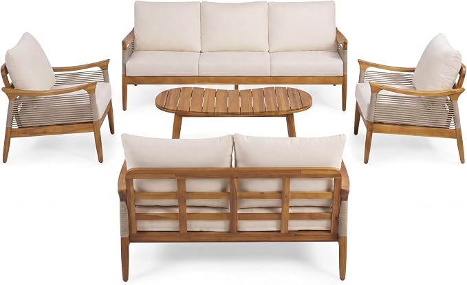 Merax 5-Piece Acacia Wood Patio Set with Rope Seats & Cushions | Teak-Finish Acacia Frame, Beige Woven Rope, Deep Seating Cushions And Coffee Table For Porch, Garden Or Backyard