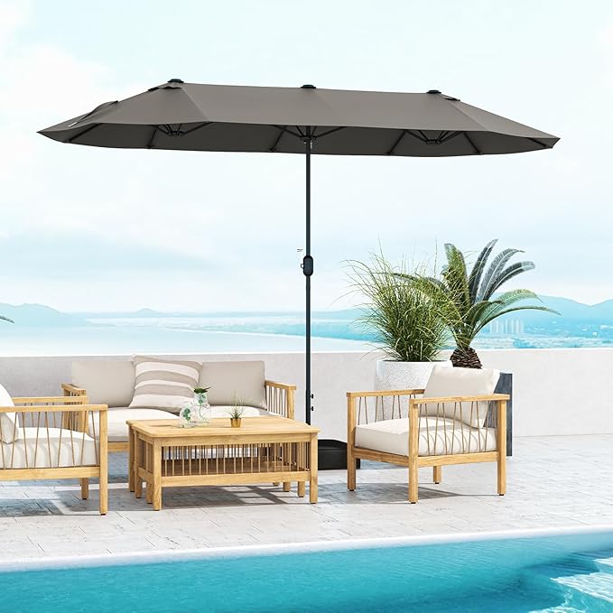 Giantex Patio Umbrella with Base, Double-Sided Outdoor Umbrella with Crank Handle, Umbrella Base Stand with 2 Sandbags, 12 Metal Ribs, Market Umbrellas for Garden Poolside Deck