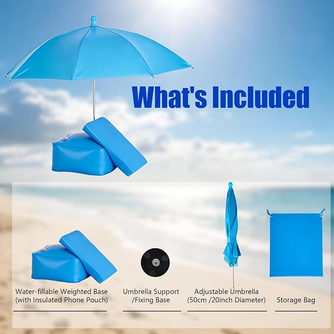 Poolside Phone & Drink Shade Umbrella with Water-Fill Base Touchscreen Phone Pouch Adjustable 19.7" Canopy Portable Sun Shade for Pool Beach Patio Backyard & Camping Carry Bag Included