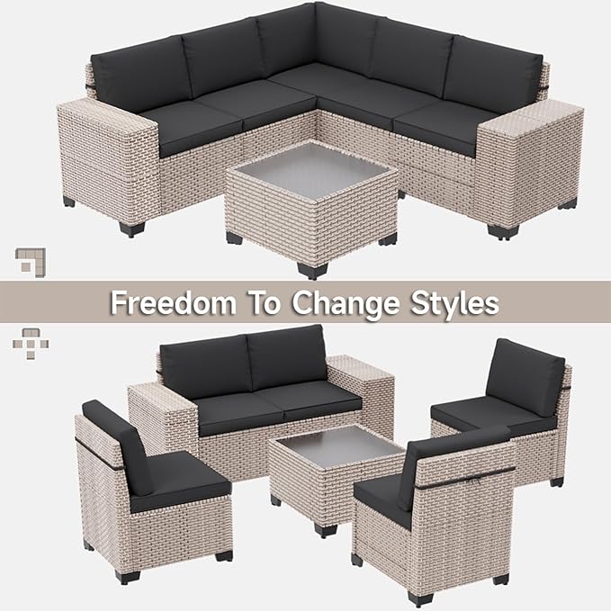 6-Piece Outdoor Patio Furniture Set, Modular Sectional Sofa Set with Glass Coffee Table and Cushions, Wicker Outdoor Couch Conversation Sets, Black