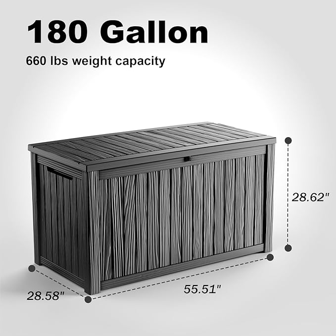 PatioZen 180 Gallon Resin Deck Box, Lockable Patio Outdoor Storage Box for Furniture, Garden Tools and Tools Storage, Waterproof Outside Storage Boxes - Black