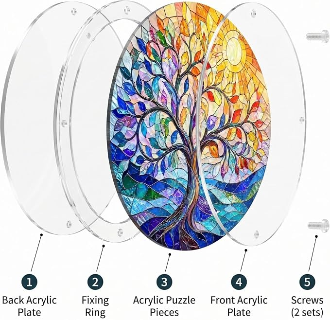 Acrylic Jigsaw Puzzle Suncatcher - Vivid Tree Acrylic Puzzle Window Hanging Kit, 83 Irregular Pieces & Hanging Chain - Creative DIY Home Indoor & Garden Decor (7.4 Inch)