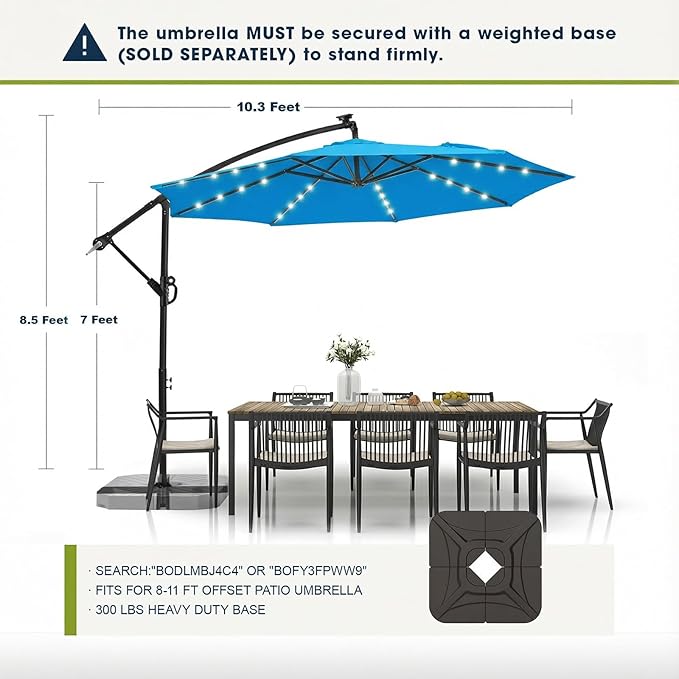 wikiwiki 10ft Solar LED Offset Patio Umbrella, Outdoor Cantilever Patio Umbrellas with Solor Lights for Backyard, Poolside and Garden, Easy Tilt Adjustment, 32 LED Lights & Polyester Shade, Royal Blue