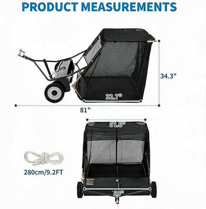 50" Tow Behind Lawn Sweeper, 33 cu. ft Extra-Large Capacity Leaf & Grass Collector-Adjustable Sweeping Height, Dumping Rope Design for Efficient Debris & Grass Cleanup on Yards, Driveways & Sidewalks