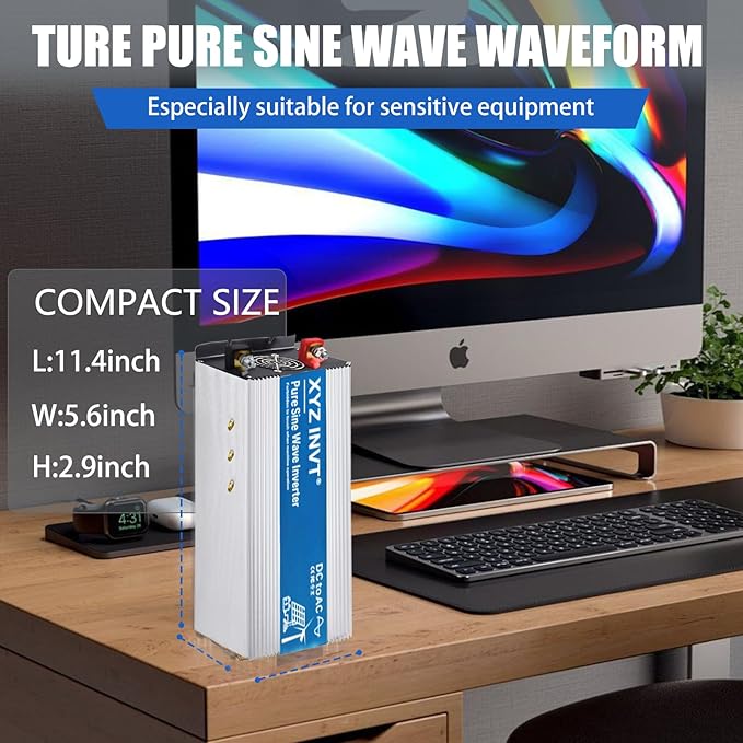 1800W Pure Sine Wave Power Inverter DC 24V to AC 110V 120V, 3600W Peak Power with 4 AC Outlets and LED Display for Car, Truck, Solar, Home Off Grid Over 90% Efficiency