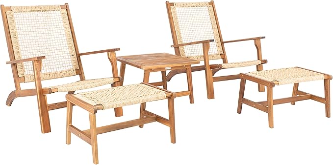 SAFAVIEH Outdoor Collection Chantelle Acacia Wood Woven Rattan 5-Piece Patio Set PAT7076A, Natural/Light Brown