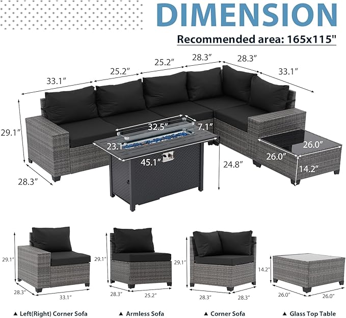JOIVI 7 Pieces Outdoor Patio Furniture Set with 45” Fire Pit Table, Rattan Patio Sectional Sofa Conversation Set with 50000BTU Propane Fire Pit and Coffee Table for Garden, Backyard, Deck, Black