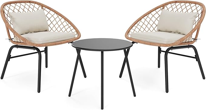 LAUSAINT HOME 3-Piece Outdoor Patio Set, All-Weather Wicker Rattan, Conversation Bistro Set with 2 Deep Seating Chairs & Coffee Table for Garden, Deck, Balcony, Porch, Backyard (Diamond Weave Design)