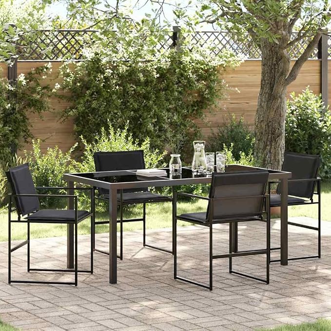 5-Piece Outdoor Dining Set, Modern Patio Furniture with Tempered Glass Table and 4 Textilene Chairs for Garden Backyard Balcony