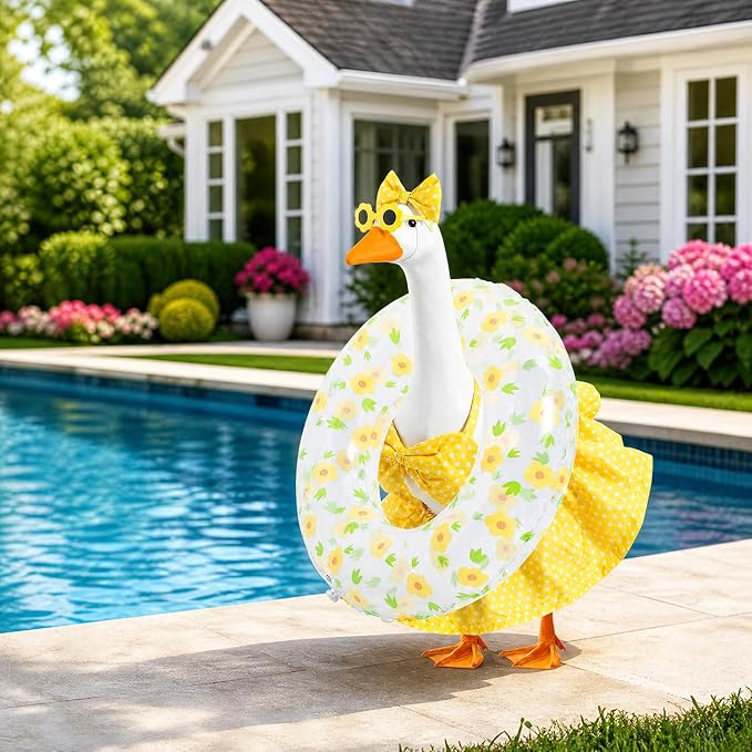 Summer Porch Goose Outfit with Sunglasses and Swim Ring for 23" Goose Statue Hawaiian Bikini Goose Outfits Porch Goose Clothes Costume for Garden Lawn Yard Decor(Yellow DOTT)