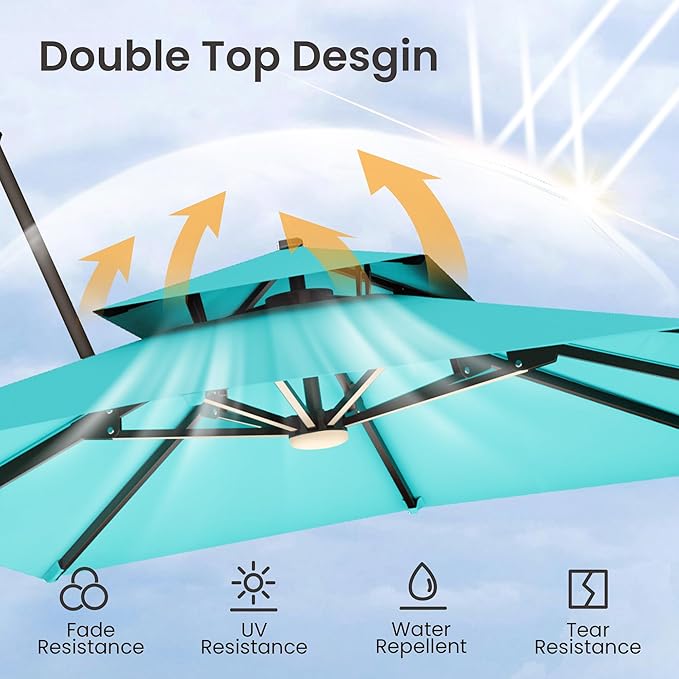 9x12 FT Cantilever Patio Umbrella with Base and Led Lights Double Top Outdoor Rectangular Large Heavy Duty Aluminum Offset Umbrellas with 7 Level Tilt 360-degree Rotation for Pool Garden Deck, Turquoise